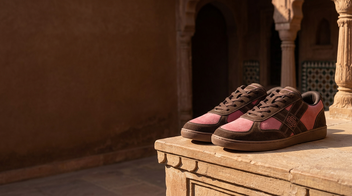 The cocoa and rose CHRN sneaker pair on a sandstone plinth